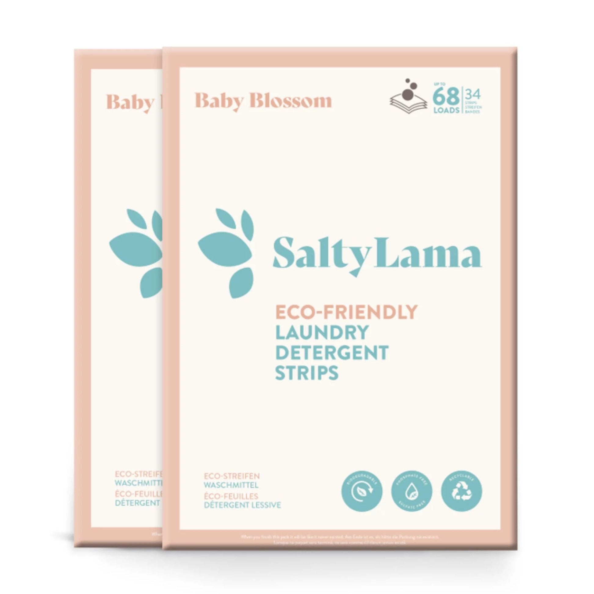 Two SaltyLama laundry detergent 34-strip white packs that has pink borders. Each pack comes in the 'Baby Blossom' scent. A pack can clean up to 68 loads of laundry. 