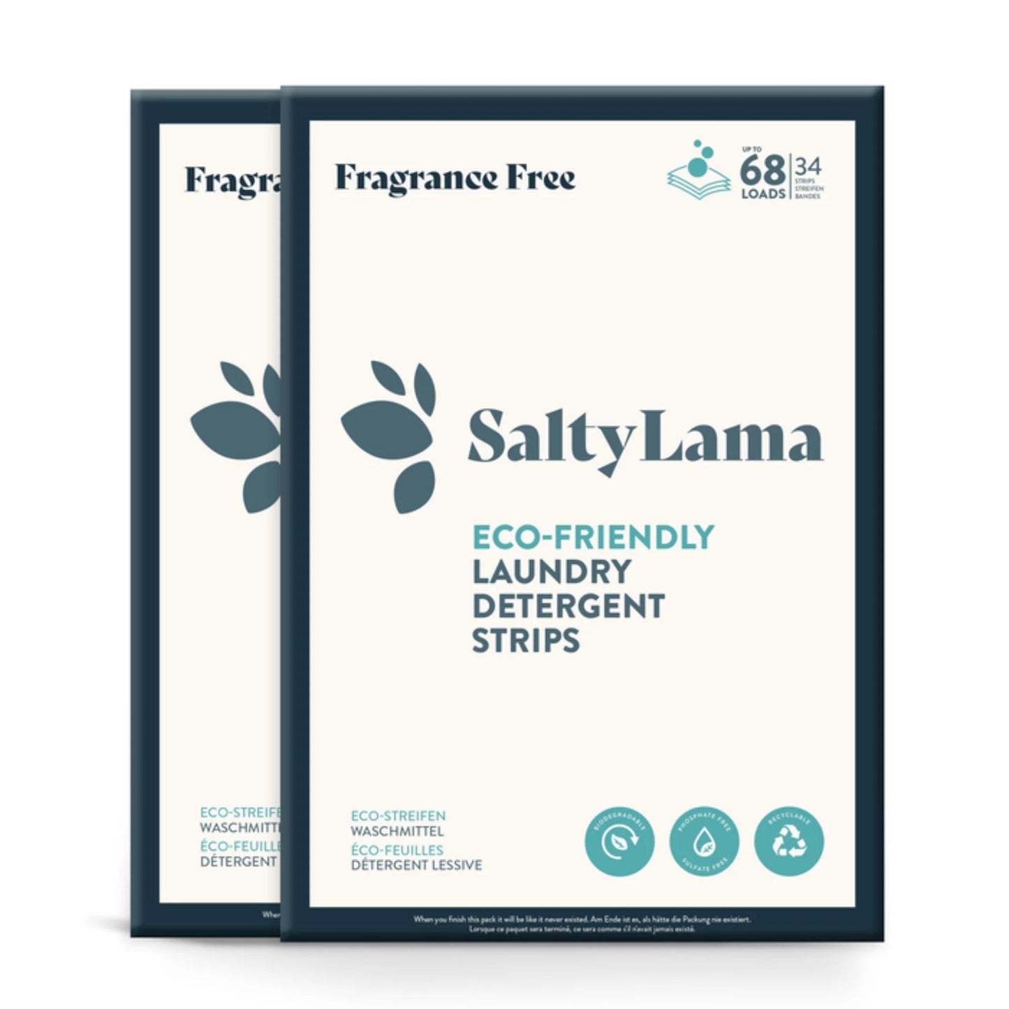 Two SaltyLama laundry detergent 34-strip white packs that has dark blue borders. Each pack has fragrance free laundry detergent strips and is hypoallergenic. A pack can clean up to 68 loads of laundry. 