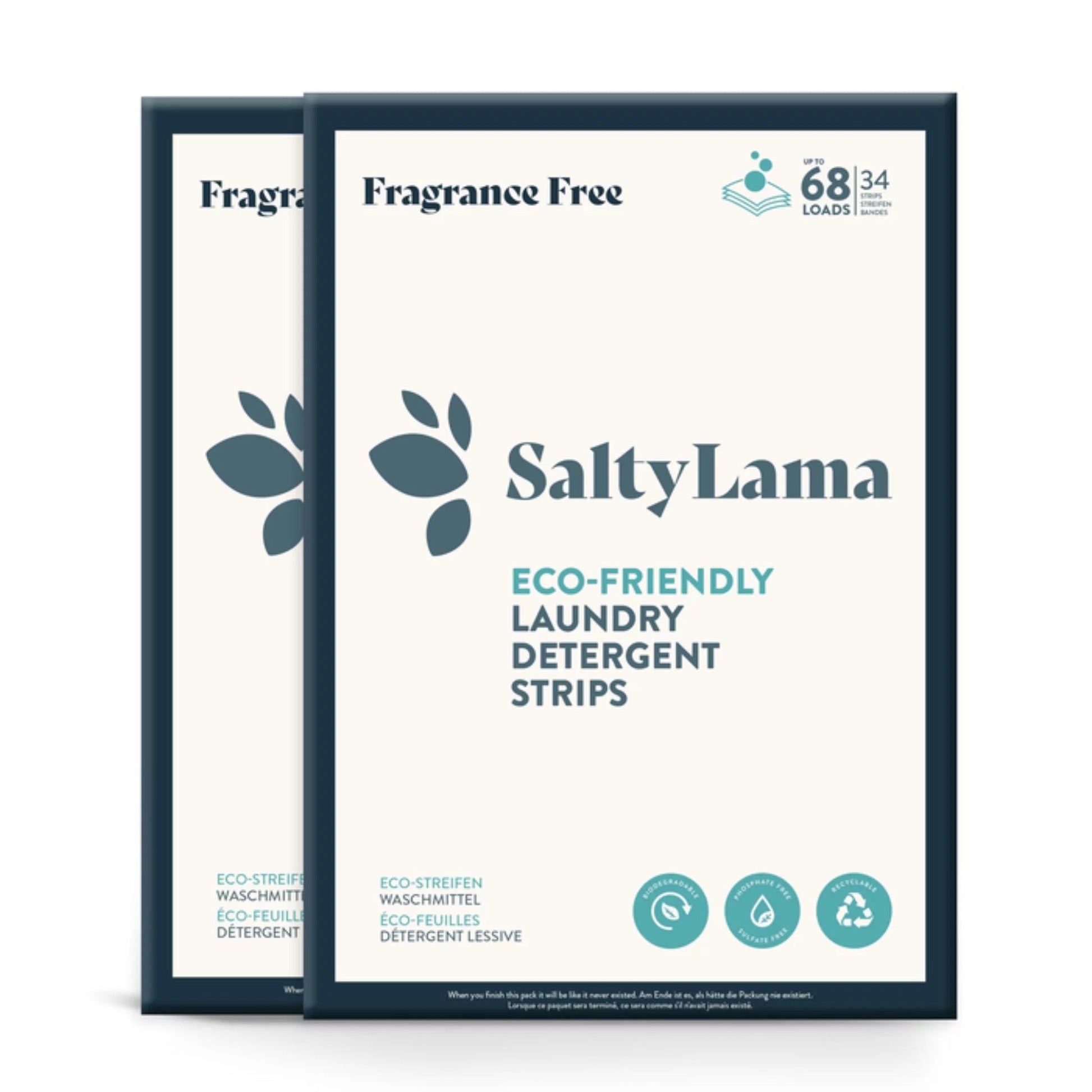 Two SaltyLama laundry detergent 34-strip white packs that has dark blue borders. Each pack has fragrance free laundry detergent strips and is hypoallergenic. A pack can clean up to 68 loads of laundry. 