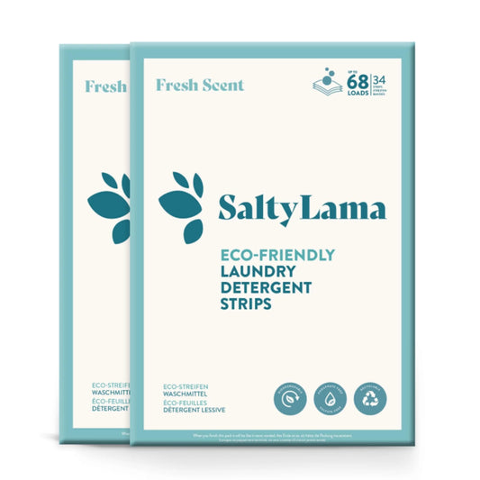 Two SaltyLama laundry detergent 34-strip white pack sthat has blue borders. Each pack comes in 'Fresh Scent'. A pack can clean up to 68 loads of laundry. 
