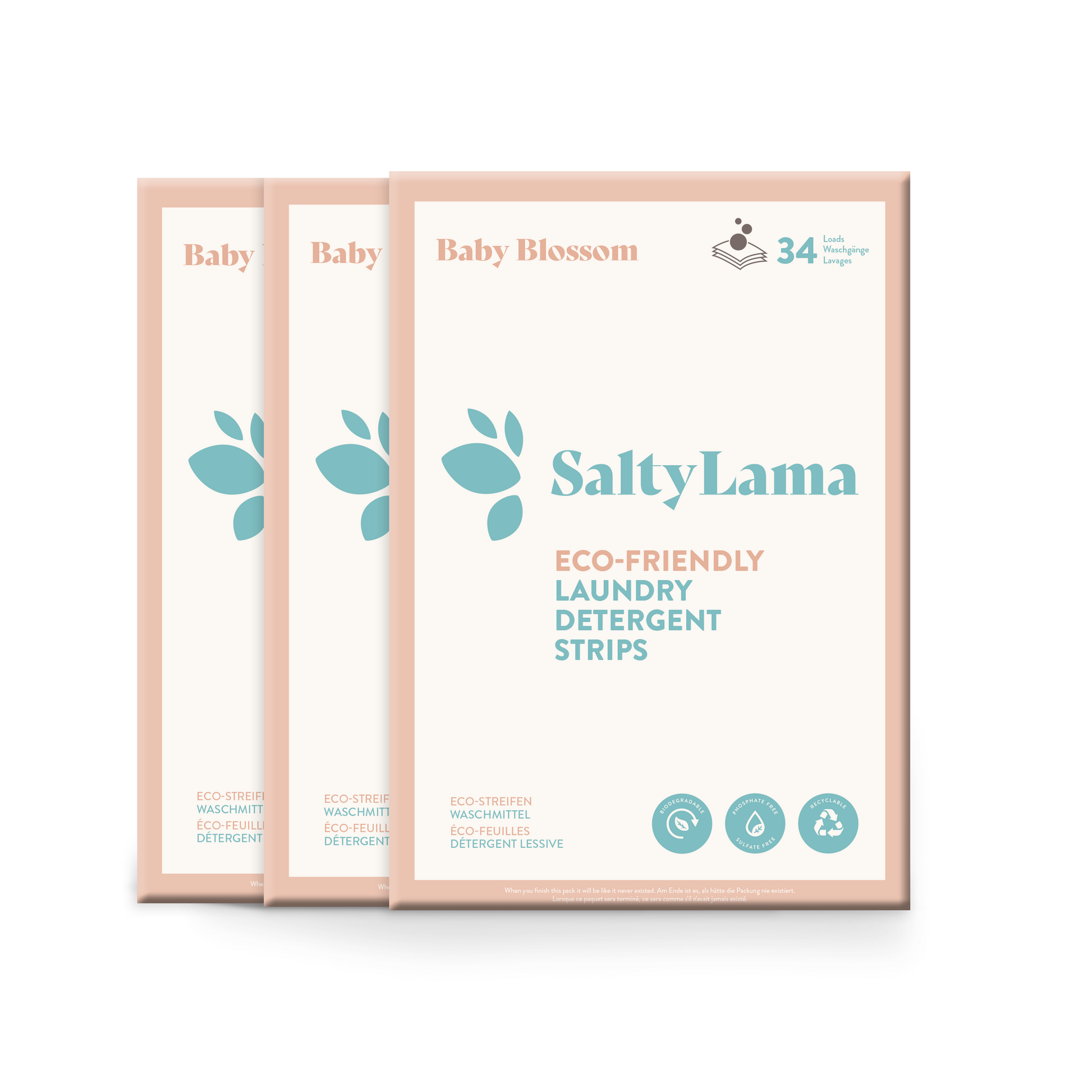 Three SaltyLama laundry detergent 34-strip white packs that has pink borders. Each pack comes in the 'Baby Blossom' scent. A pack can clean up to 68 loads of laundry. 