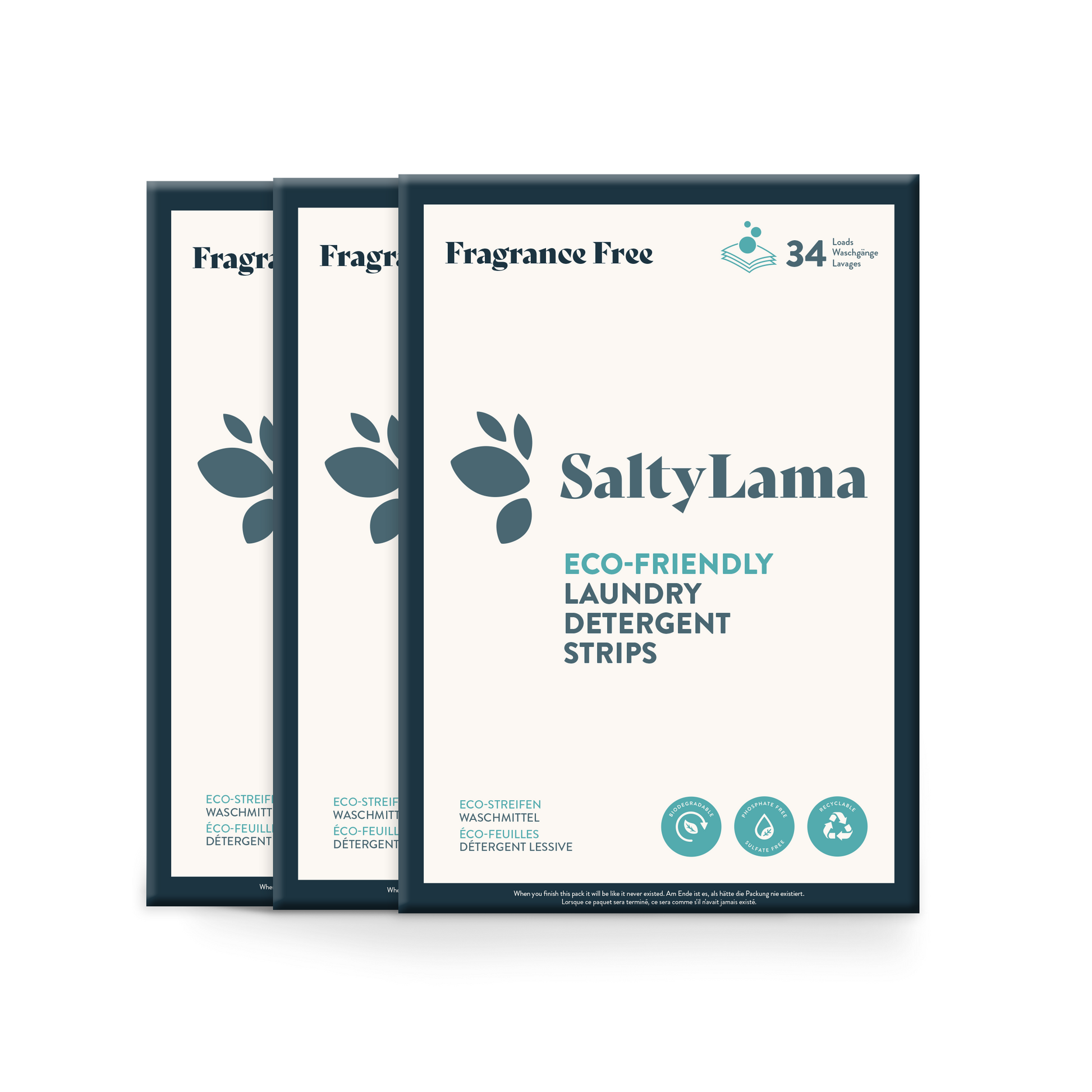 Threee SaltyLama laundry detergent 34-strip white packs that has dark blue borders. Each pack has fragrance free laundry detergent strips and is hypoallergenic. A pack can clean up to 68 loads of laundry. 