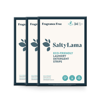 Threee SaltyLama laundry detergent 34-strip white packs that has dark blue borders. Each pack has fragrance free laundry detergent strips and is hypoallergenic. A pack can clean up to 68 loads of laundry. 