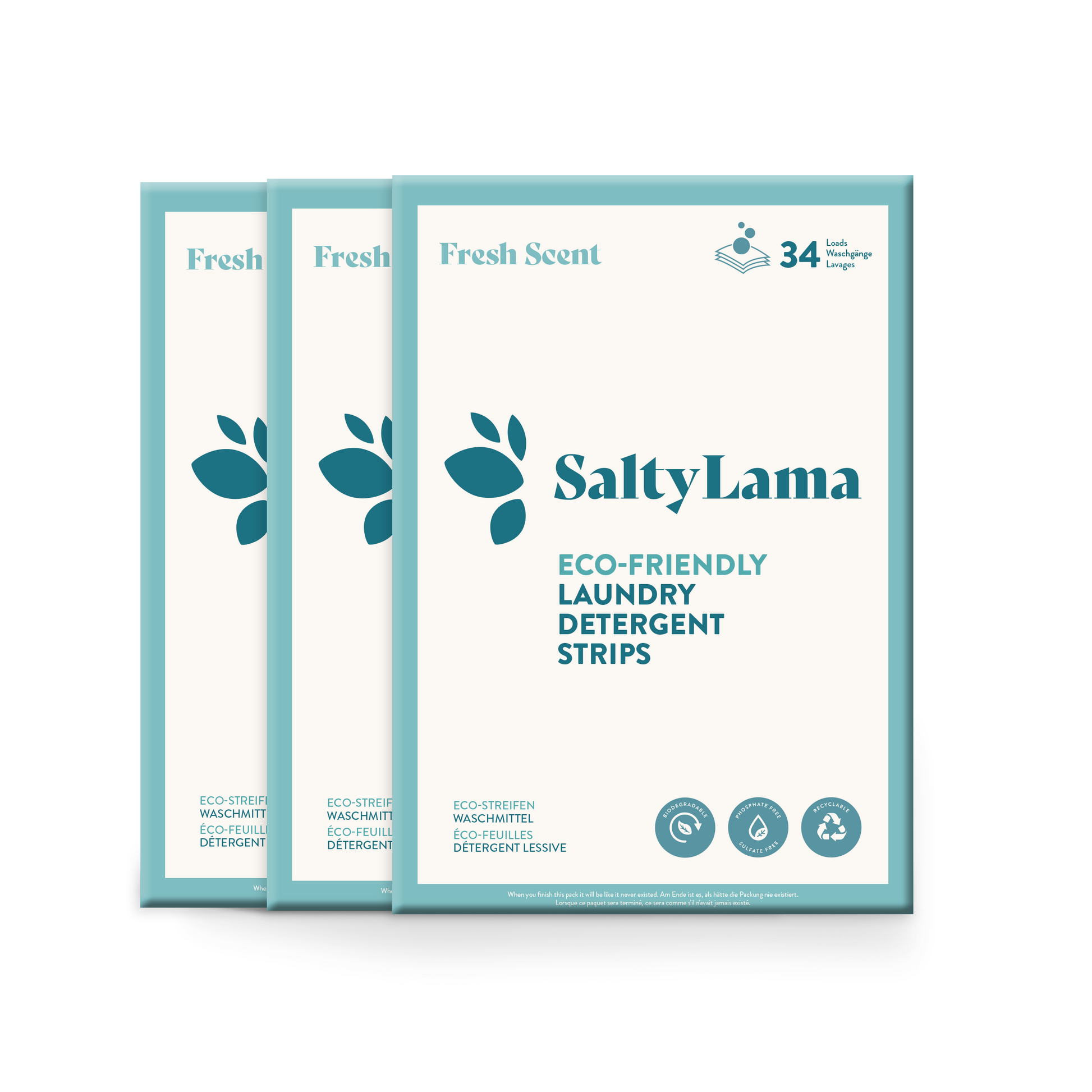 Three SaltyLama laundry detergent 34-strip white packs that has blue borders. Each pack comes in 'Fresh Scent'. A pack can clean up to 68 loads of laundry. 