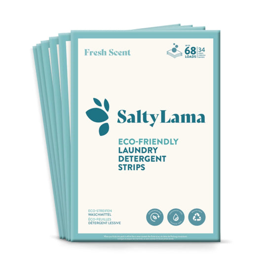 Six SaltyLama laundry detergent 34-strip white packs that has blue borders. Each pack comes in 'Fresh Scent'. A pack can clean up to 68 loads of laundry. 