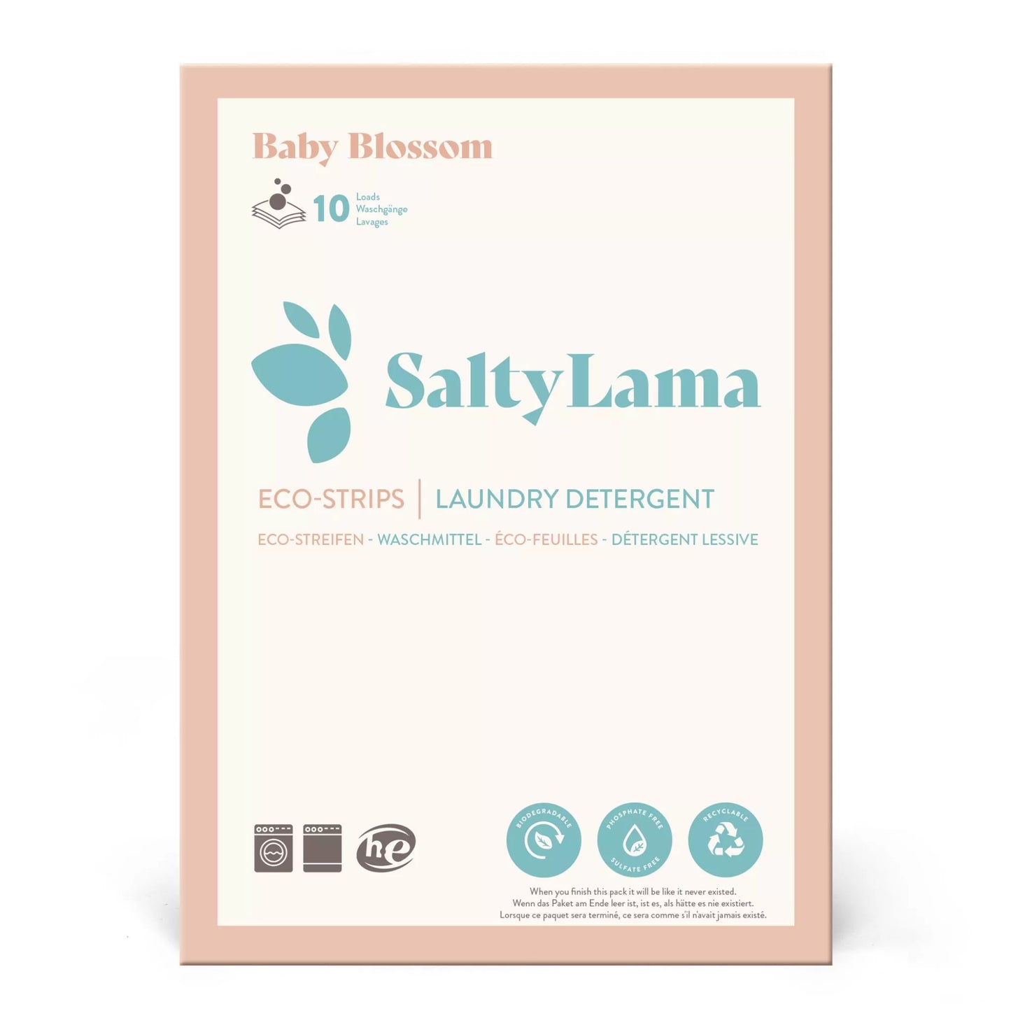Small sample pack - SaltyLama laundry detergent 10-strip white pack that has pink borders. Each pack comes in the 'Baby Blossom' scent. A pack can clean up to 20 loads of laundry. 