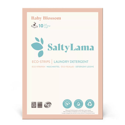 Small sample pack - SaltyLama laundry detergent 10-strip white pack that has pink borders. Each pack comes in the 'Baby Blossom' scent. A pack can clean up to 20 loads of laundry. 