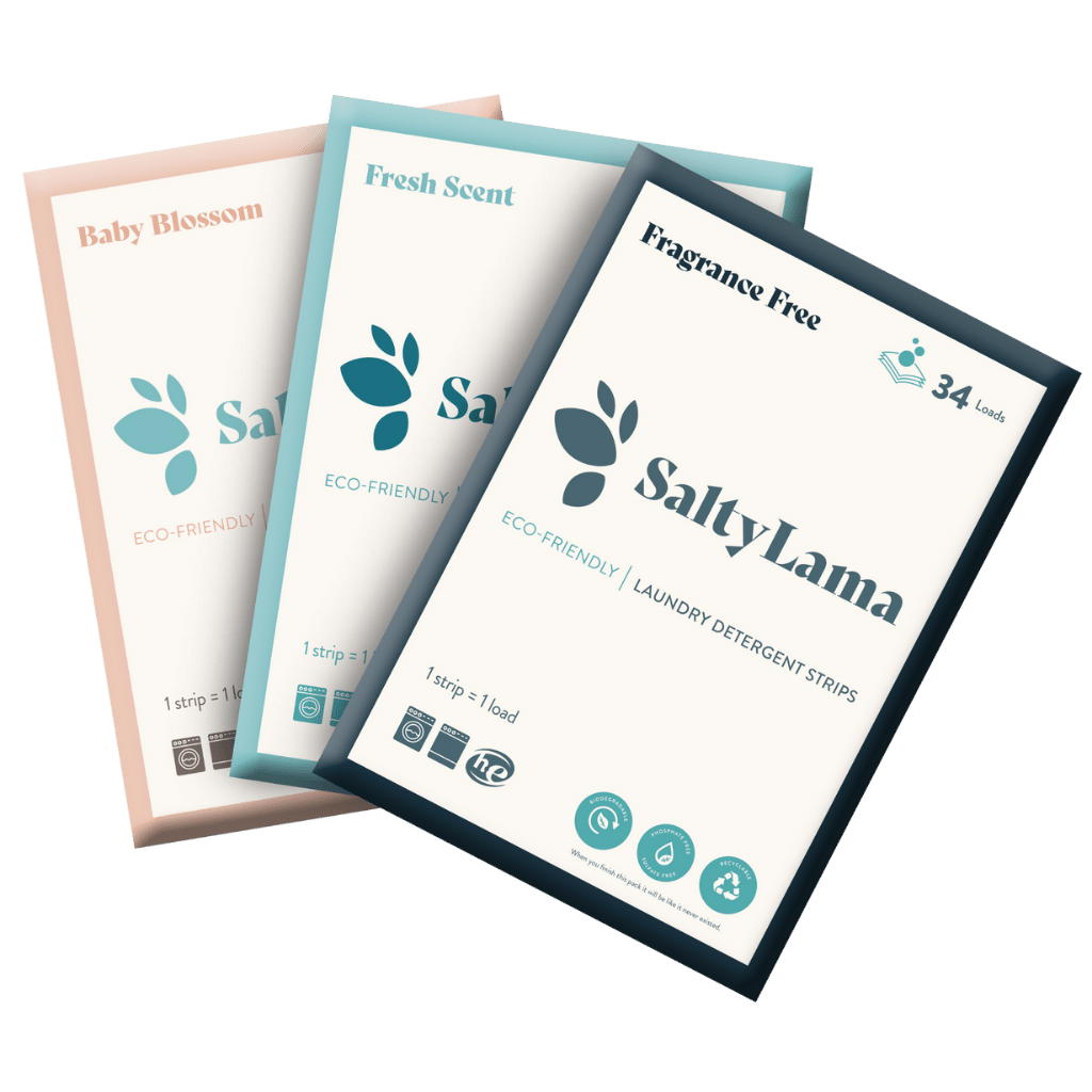 Three packs of SaltyLama laundry detergent strips. Each one is in a different scent, namely Fragrance Free, Fresh Scent, and Baby Blossom