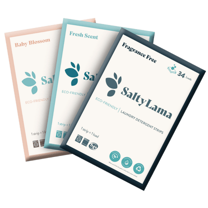 Three packs of SaltyLama laundry detergent strips. Each one is in a different scent, namely Fragrance Free, Fresh Scent, and Baby Blossom