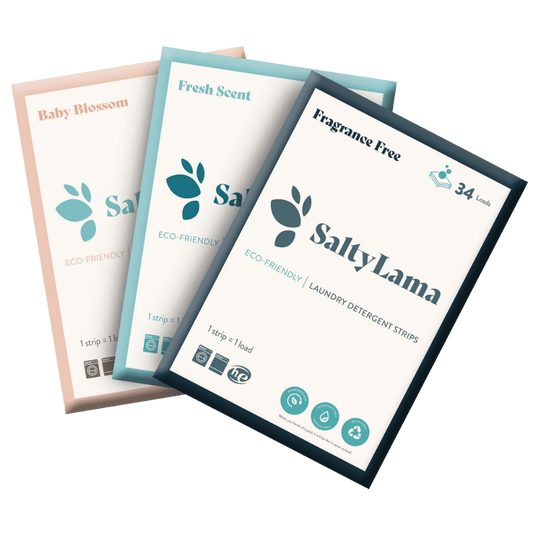 Three packs of SaltyLama laundry detergent strips. Each one is in a different scent, namely Fragrance Free, Fresh Scent, and Baby Blossom
