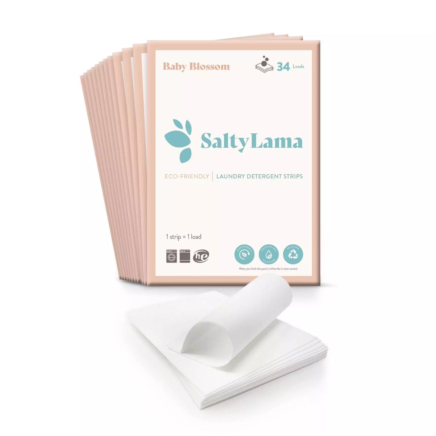 Twelve SaltyLama laundry detergent 34-strip white packs that has pink borders. Each pack comes in the 'Baby Blossom' scent. A pack can clean up to 68 loads of laundry.