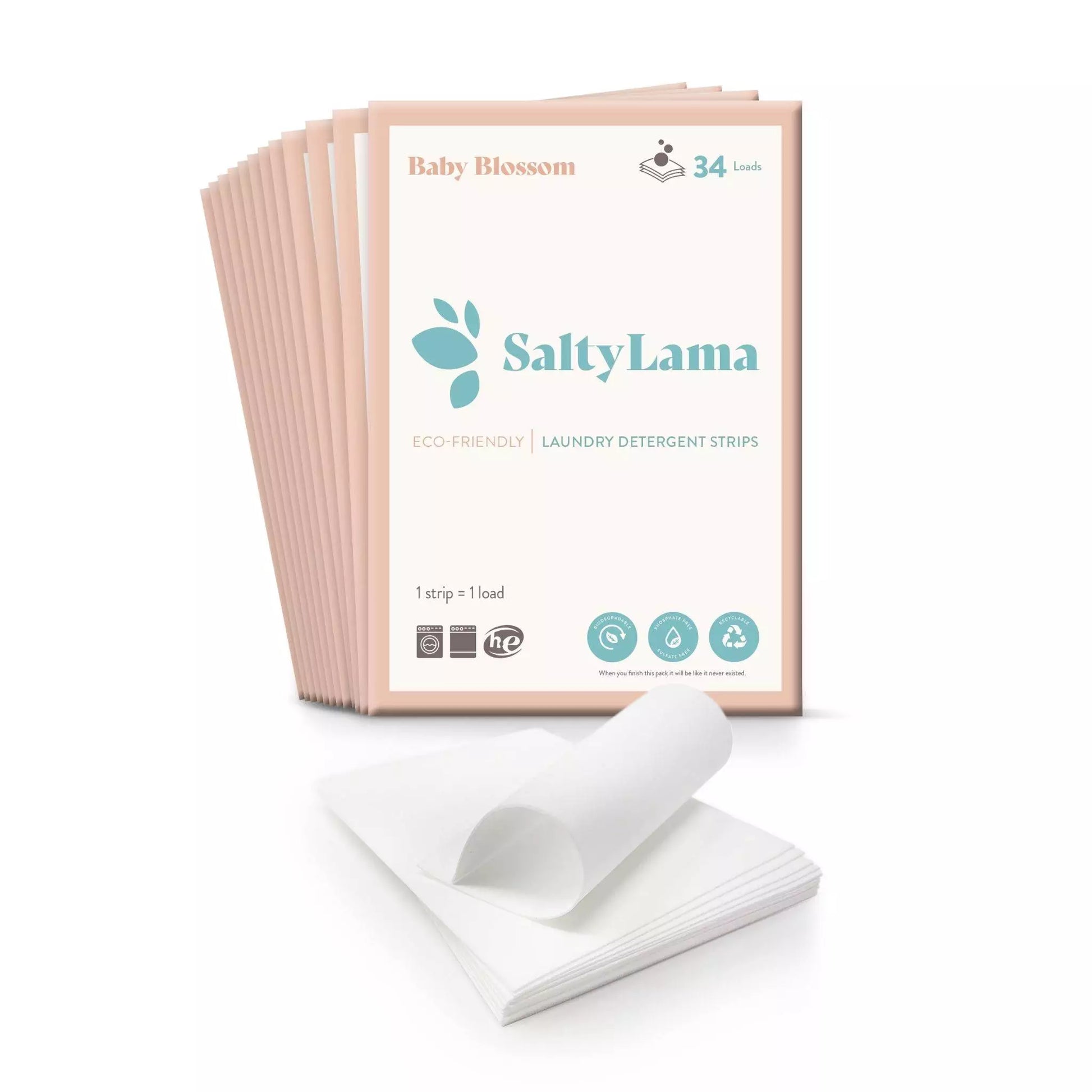 Twelve SaltyLama laundry detergent 34-strip white packs that has pink borders. Each pack comes in the 'Baby Blossom' scent. A pack can clean up to 68 loads of laundry. 