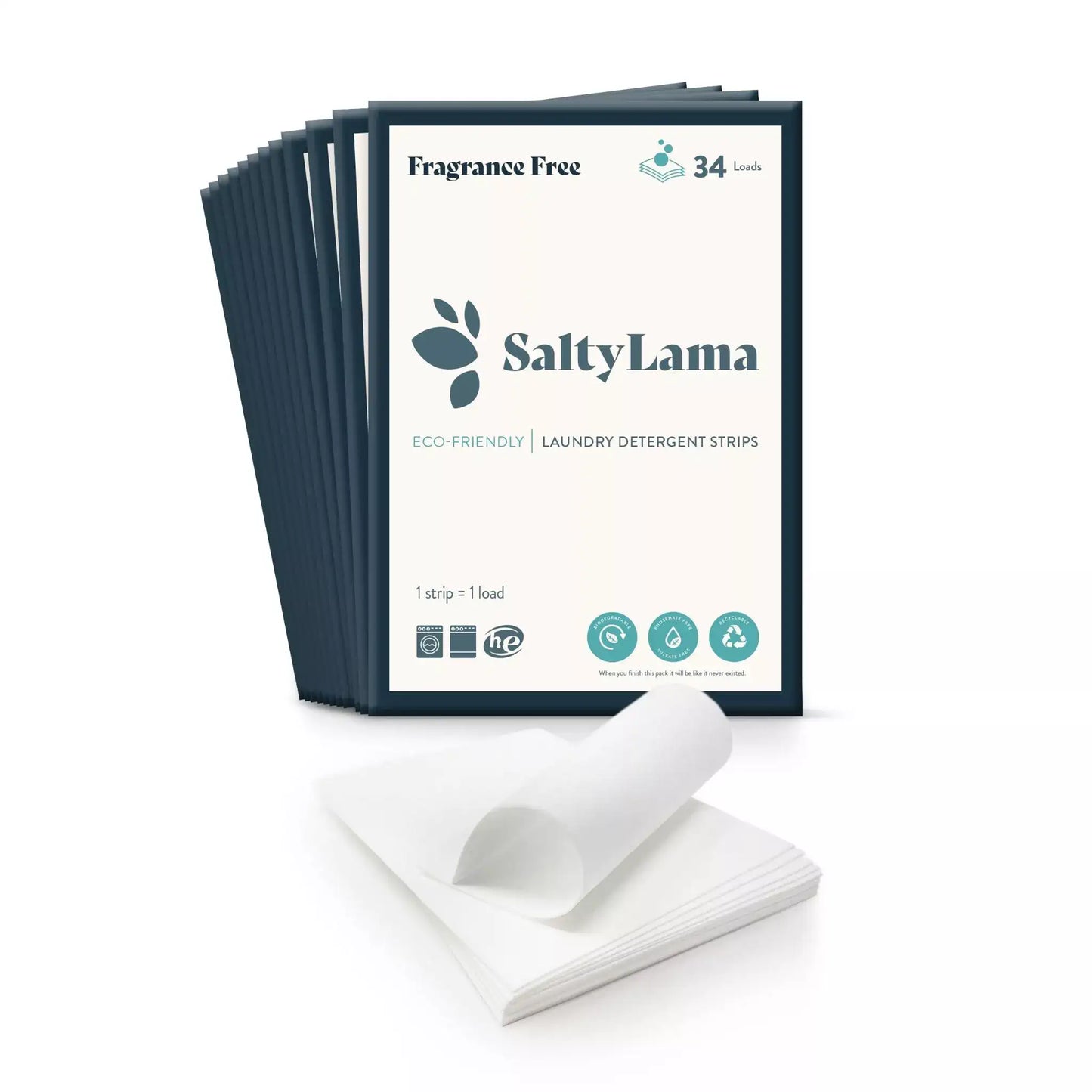 Twelve SaltyLama laundry detergent 34-strip white packs that has dark blue borders. Each pack has fragrance free laundry detergent strips and is hypoallergenic. A pack can clean up to 68 loads of laundry. 