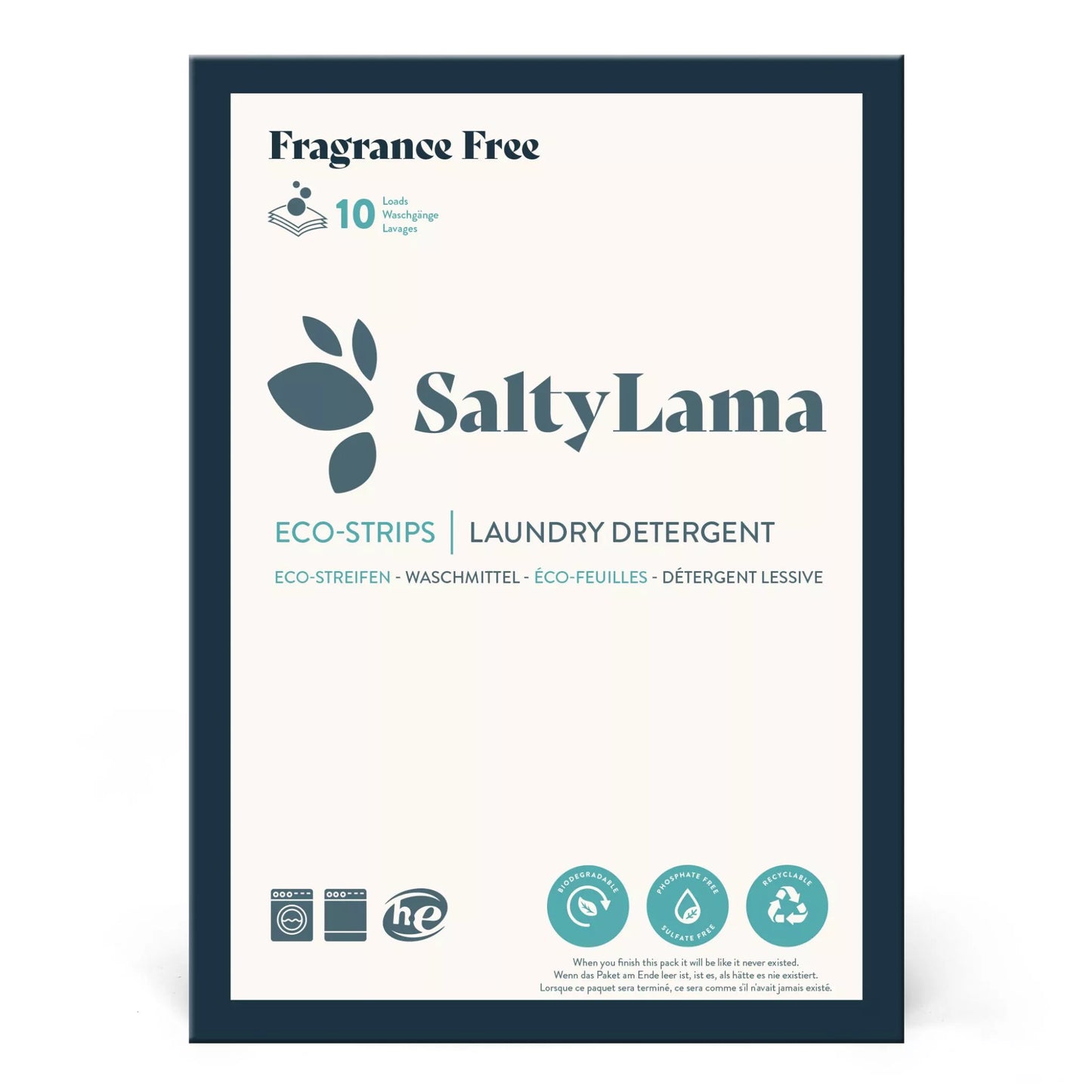 Small sample pack - SaltyLama laundry detergent 10-strip white pack that has dark blue borders. Each pack has fragrance free laundry detergent strips and is hypoallergenic. A pack can clean up to 20 loads of laundry.
