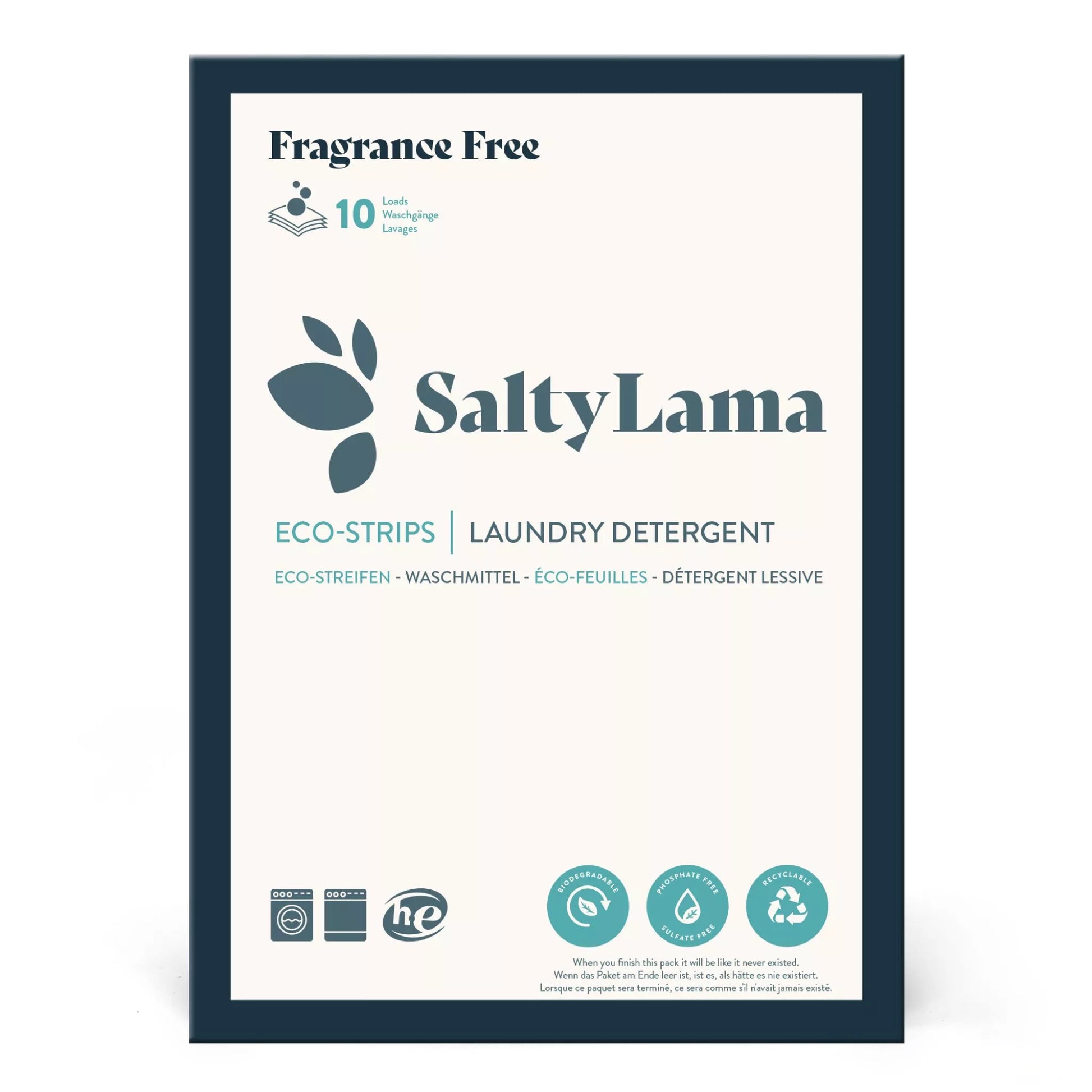 Small sample pack - SaltyLama laundry detergent 10-strip white pack that has dark blue borders. Each pack has fragrance free laundry detergent strips and is hypoallergenic. A pack can clean up to 20 loads of laundry. 