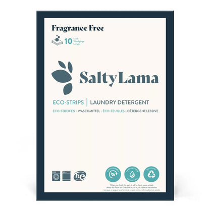Small sample pack - SaltyLama laundry detergent 10-strip white pack that has dark blue borders. Each pack has fragrance free laundry detergent strips and is hypoallergenic. A pack can clean up to 20 loads of laundry. 