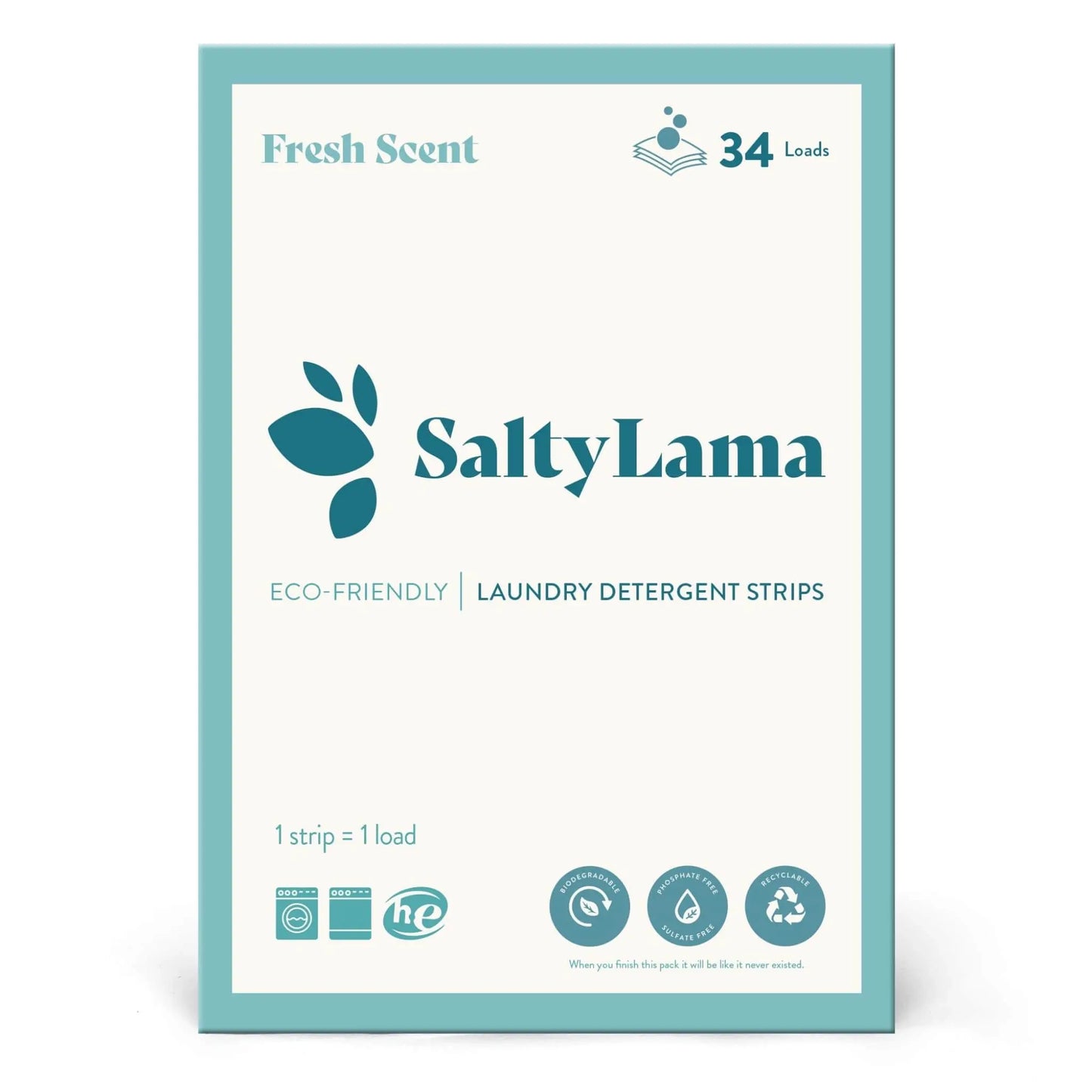 SaltyLama laundry detergent 34-strip white pack that has blue borders. This pack comes in 'Fresh Scent'. The pack can clean up to 68 loads of laundry.