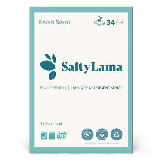 SaltyLama laundry detergent 34-strip white pack that has blue borders. This pack comes in 'Fresh Scent'. The pack can clean up to 68 loads of laundry. 