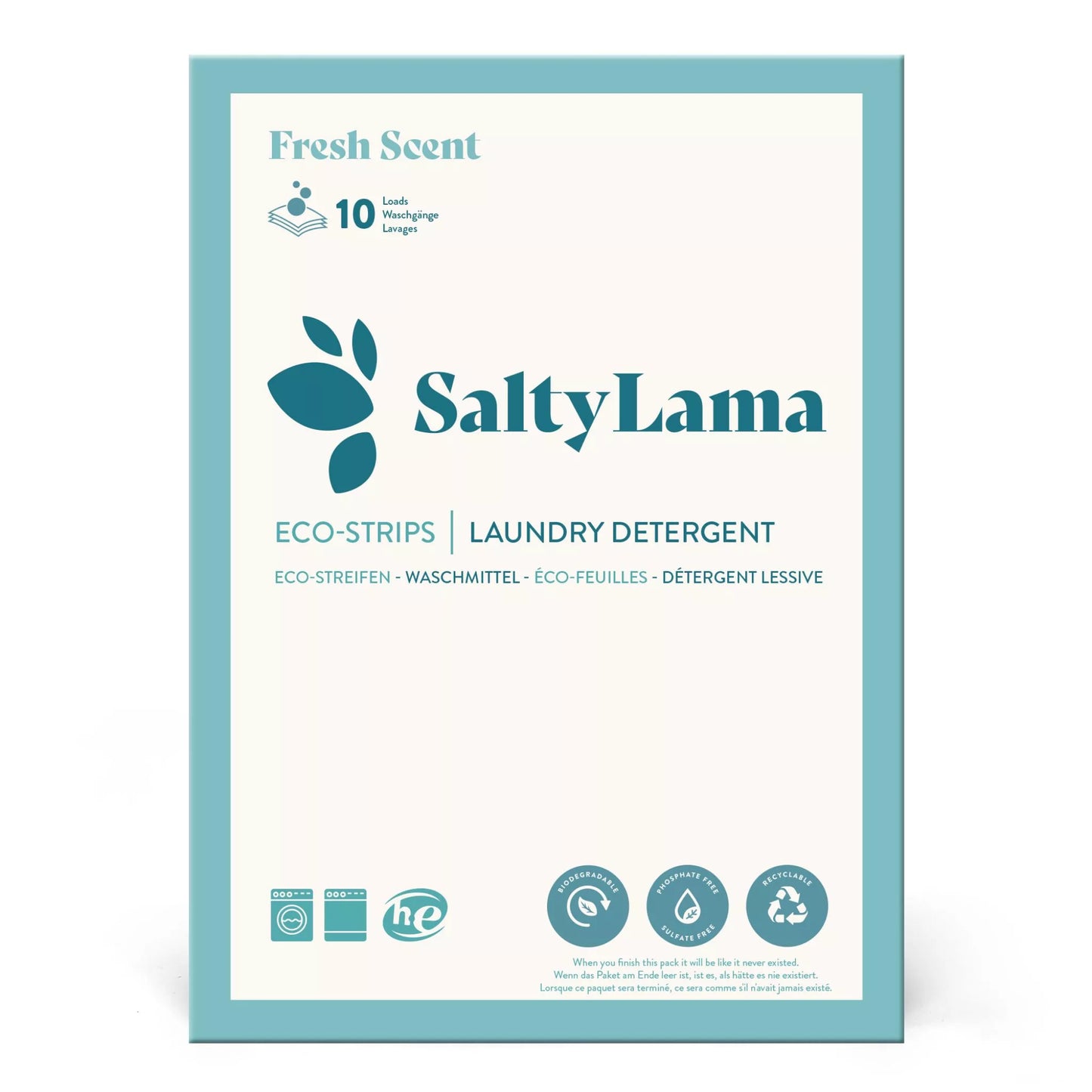 Small sample pack - SaltyLama laundry detergent 10-strip white pack that has blue borders. The pack comes in 'Fresh Scent'. A pack can clean up to 20 loads of laundry. 