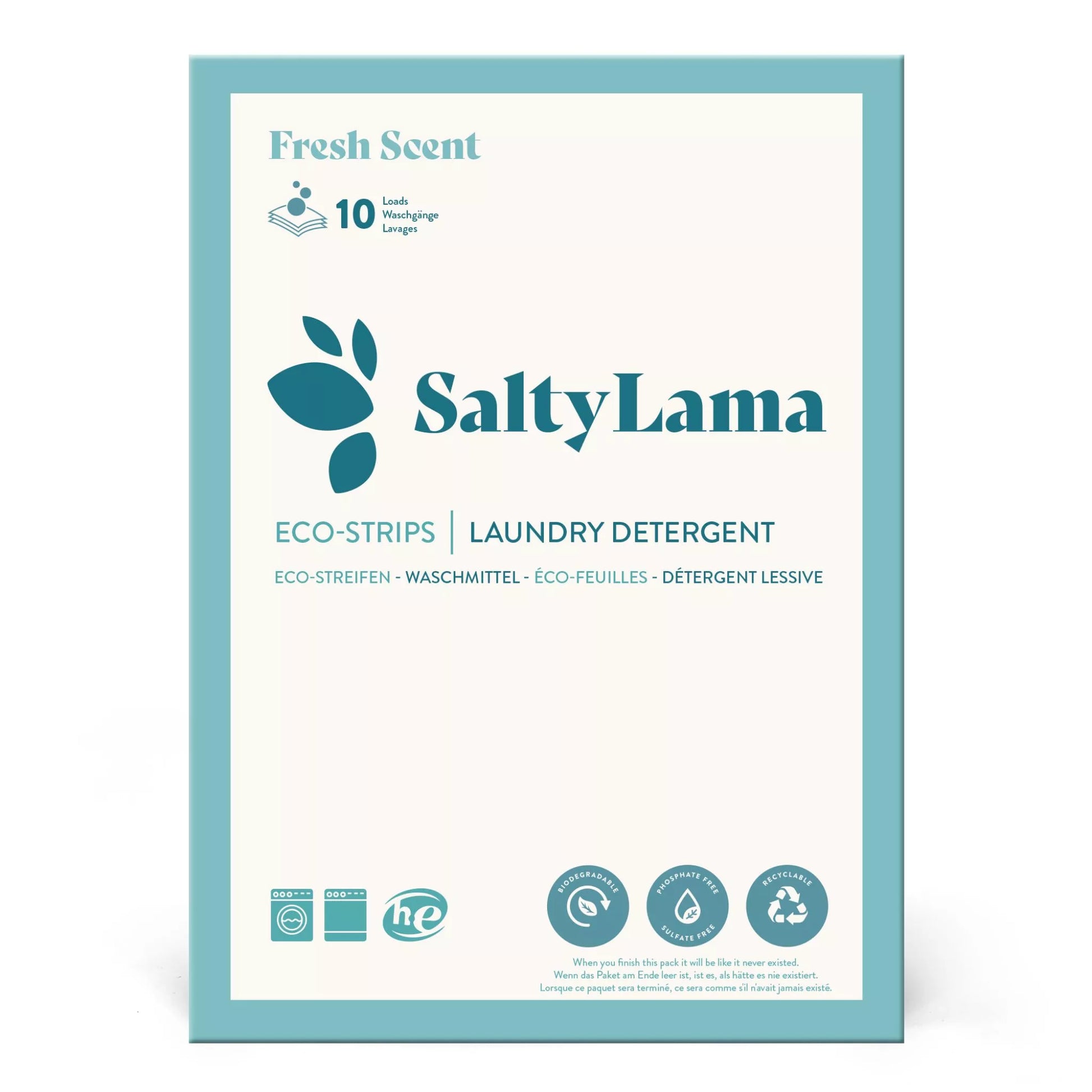 Small sample pack - SaltyLama laundry detergent 10-strip white pack that has blue borders. The pack comes in 'Fresh Scent'. A pack can clean up to 20 loads of laundry. 