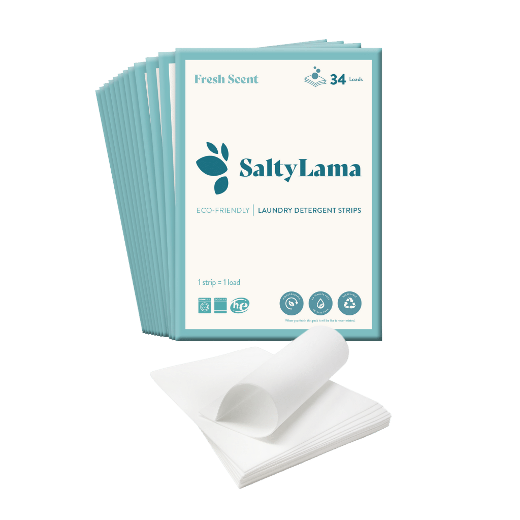 Twelve SaltyLama laundry detergent 34-strip white packs that has blue borders. Each pack comes in 'Fresh Scent'. A pack can clean up to 68 loads of laundry. 