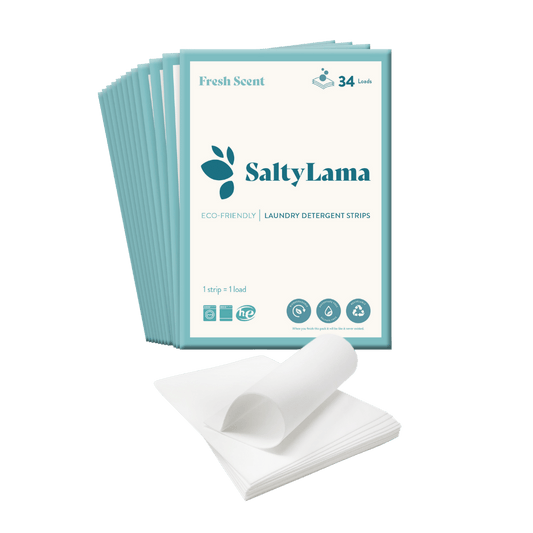 Twelve SaltyLama laundry detergent 34-strip white packs that has blue borders. Each pack comes in 'Fresh Scent'. A pack can clean up to 68 loads of laundry. 