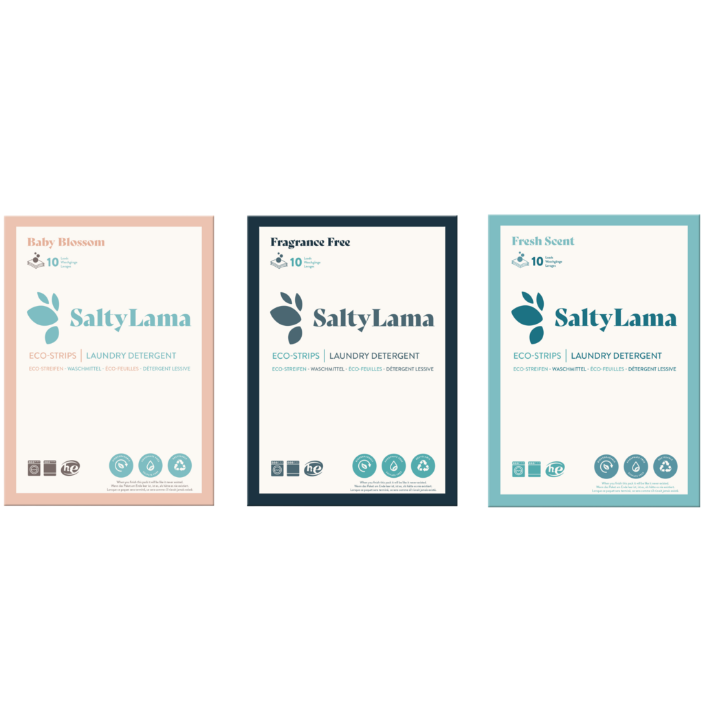 Three small SaltyLama sample packs that contain laundry detergent strips. Each pack contains 10 strips. One pack is fragrance free, the other is fresh scented, and the last one comes in the scent of baby blossom.