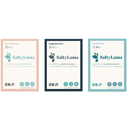 Three small SaltyLama sample packs that contain laundry detergent strips. Each pack contains 10 strips. One pack is fragrance free, the other is fresh scented, and the last one comes in the scent of baby blossom.