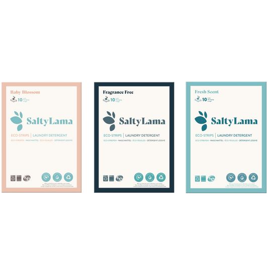 Three small SaltyLama sample packs that contain laundry detergent strips. Each pack contains 10 strips. One pack is fragrance free, the other is fresh scented, and the last one comes in the scent of baby blossom.